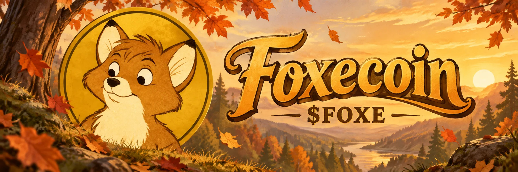Foxecoin $FOXE banner: the fox coin in an autumn forest at sunset